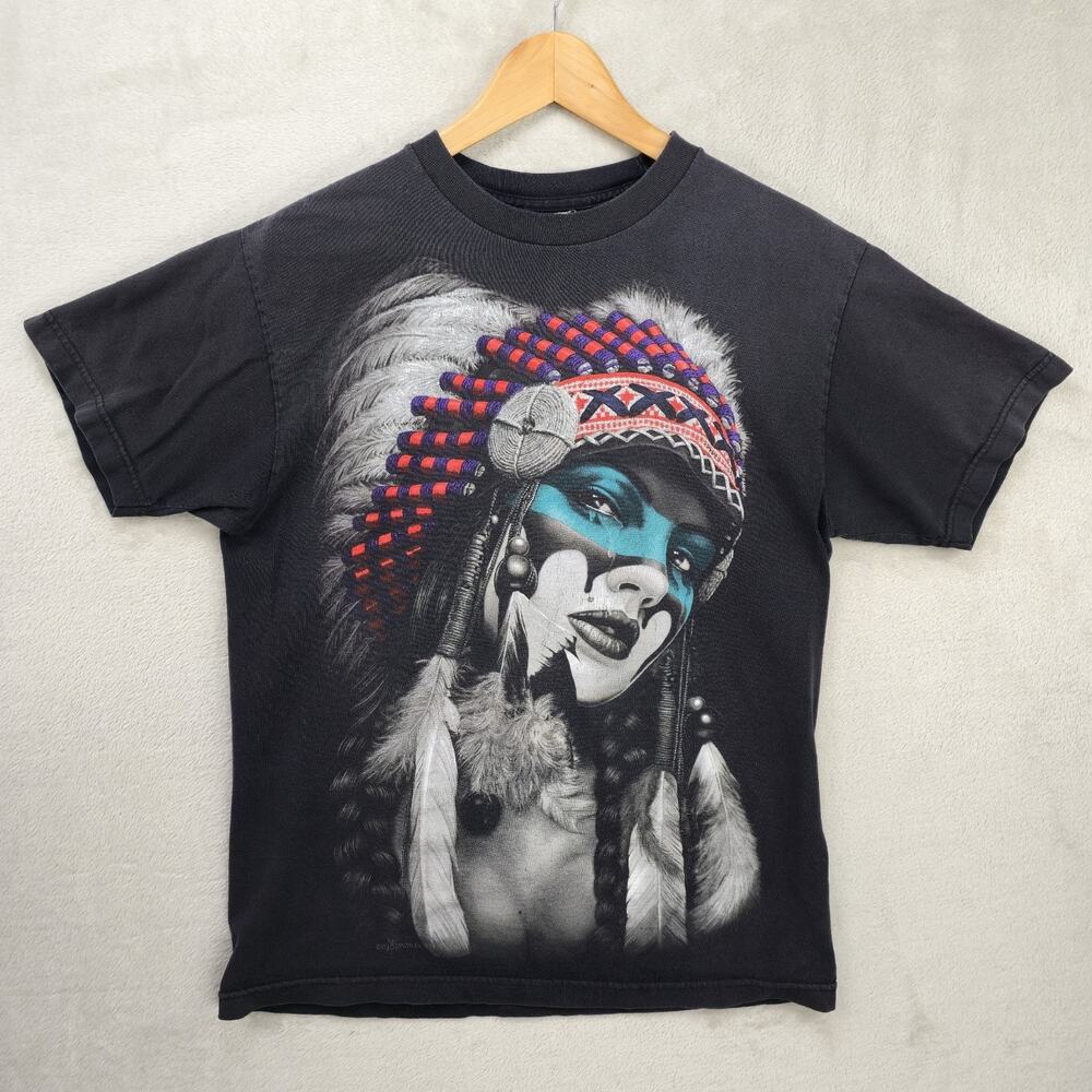 DGA Native American Indian Girl Shirt Mens Medium Black David Gonzales Art Y2K
